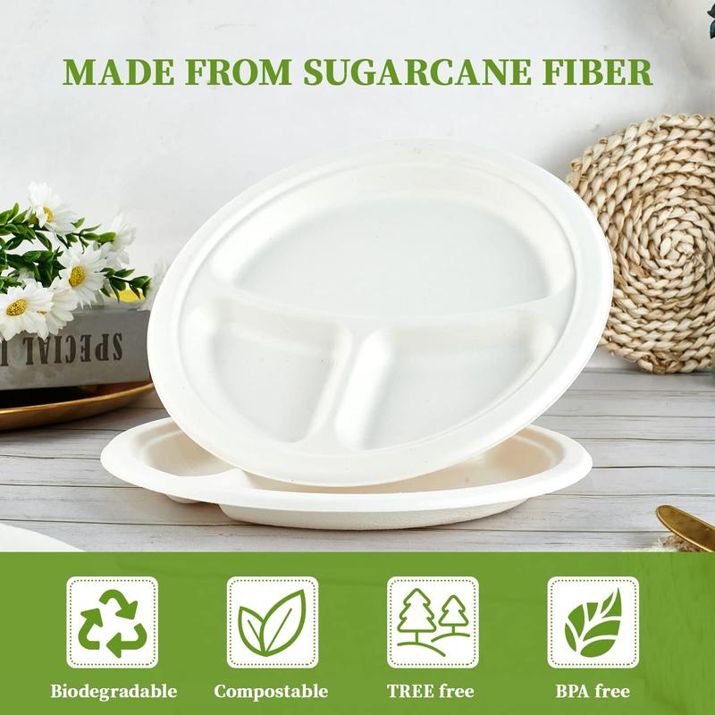 ECOLipak 150 Pack Compostable 3 Compartment Plates, 10 inch Heavy-Duty Disposable Biodegradable Paper Plates, Eco-Friendly Sugarcane Bagasse Plates for Party Dinner and Christmas.