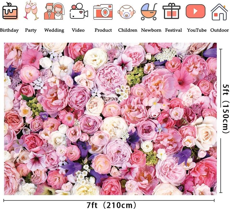 Pink Floral Photography Backdrop Mother's Day Decoration 7x5FT Flower Wall Photo Background for Girls Bridal Wedding  Shower Birthday Party Cake Tables Decoration Studio Props