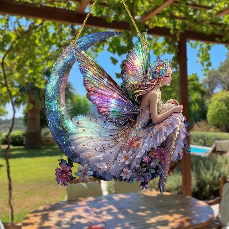 Moon & Butterfly Fairy Design Sun Catcher, 1 Count Double Sided Acrylic Hanging Ornament, Hanging Decor for Home Living Room Bedroom Outdoor Space