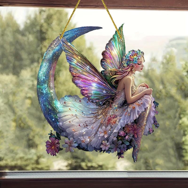 Moon & Butterfly Fairy Design Sun Catcher, 1 Count Double Sided Acrylic Hanging Ornament, Hanging Decor for Home Living Room Bedroom Outdoor Space