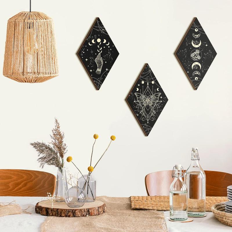 3 Pack Rustic Boho Wall Decor – Moon Phases and Butterfly Art, Minimalist Wooden Gothic Hanging Signs for Living Room and Bedroom – 6.7 x 11.8 Inch Set