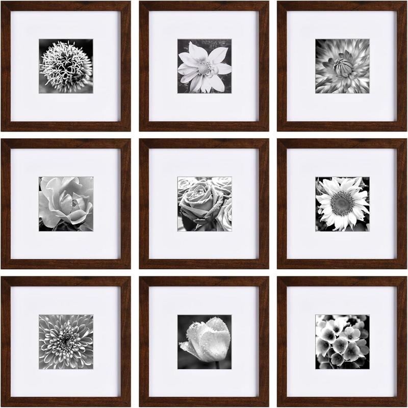 Yaetm 12x12 Picture Frames Black Set of 9, Square Photo Frame Displays 8x8 with Mat or 12x12 without Mat, Gallery Wall Frame Set for Wall Hanging