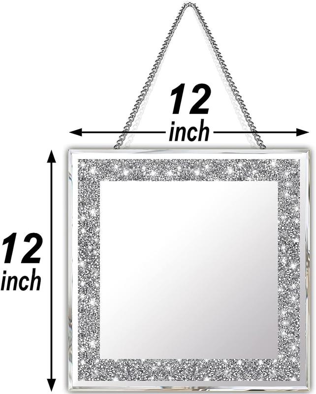 2 Piece Wall Mirrors, Crush Diamond Mirrors Decor, Silver Decorative for Living Room Bedroom, Bathroom. (12”x12”) Hanging Set Crystal Circle