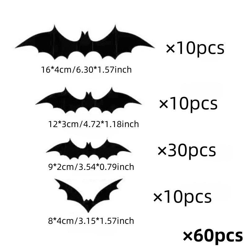 Room Decor Bat Shaped Wall Sticker, 60pcs set 3d Bat Wall Decal, Halloween Wall Art Decoration for Home Living Room Bedroom Hotel School, Halloween Decoration, Halloween Accessories  Tiles Sticker