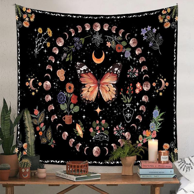 Butterfly & Floral & Moon Design Tapestry for Room Decor, 1 Count Creative Hanging Background, Bohemian Style Hanging Wall Art for Home Bedroom Living Room, Home Decor, Bedroom Decor