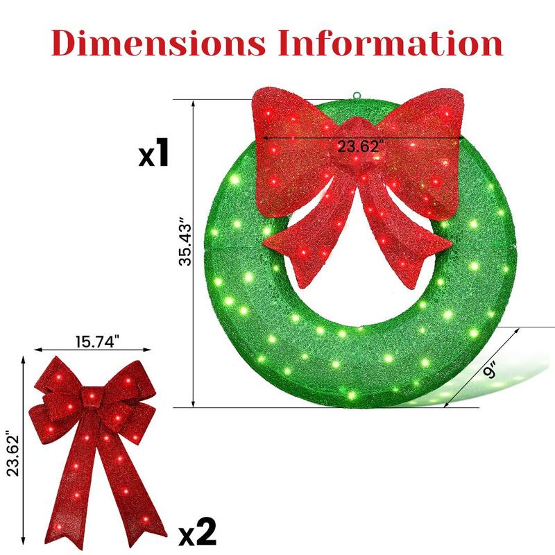 Tantohom Lighted Outdoor Christmas Wreath Decoration with 2 Bow, Bow Holiday Decor Wreath, Christmas Wreath with 90 LED Lights & Large Red Bow, Holiday Decor for Home