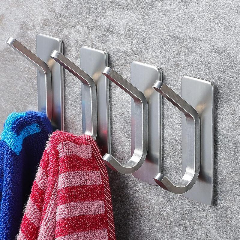 Towel Hook Adhesive Hooks - Wall Hooks for Coat Robe Towels Stick on Bathroom Kitchen 4-Pack, Stainless Steel