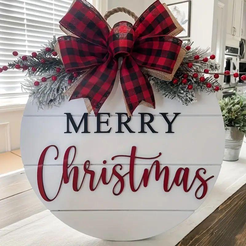 Merry Christmas Wreath Wood Sign, 1 Count Artificial Woven Christmas Plaque Front Door Decorations, Home Decorations for Porch Party Dining Room Farm