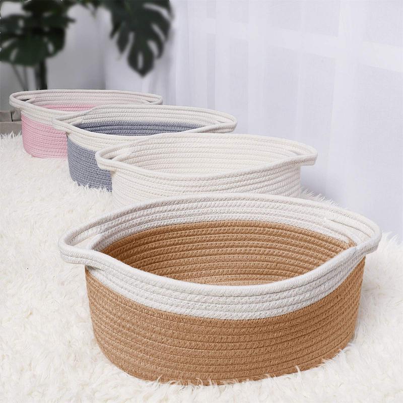 Cute Small Woven Basket with Handles,  Household Desktop Baskets for Storage, Multifunctional Small Space Organizer, Basket Bin for Cat and Dog Toys, Decorative Gift, White