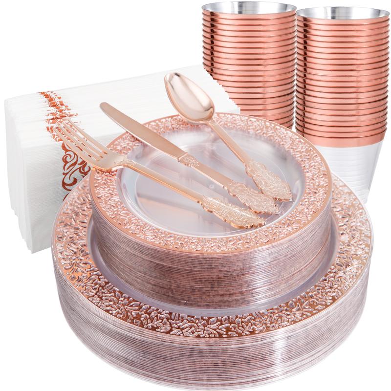 350 Pack Clear Rose Gold Plastic Plates,Disposable Plastic Dinnerware Includes: 100 Plates,150 Silverware, 50 Napkins,50 Cups for Party & Christmas