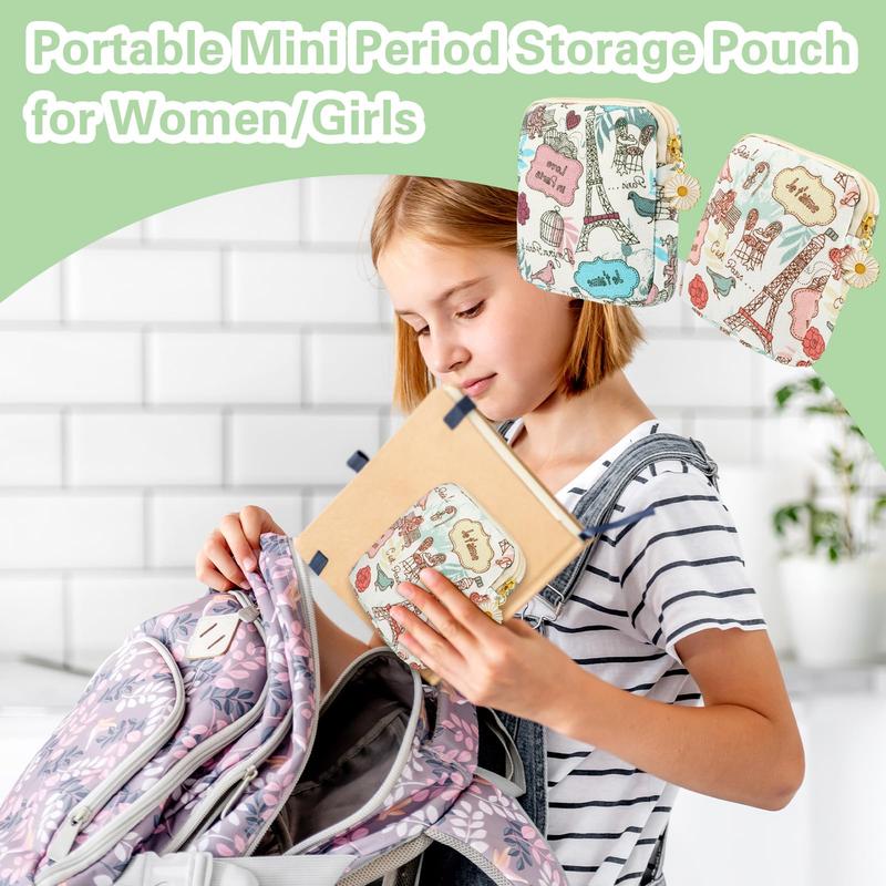 Sanitary Pad Storage Bag, 2 Count Cute Sanitary Napkin Storage Purses Portable Period Bag with Daisy Zipper Panty Liner Tampon Menstrual Cup Nursing Pad Holder Pouch for Girls Women Travel