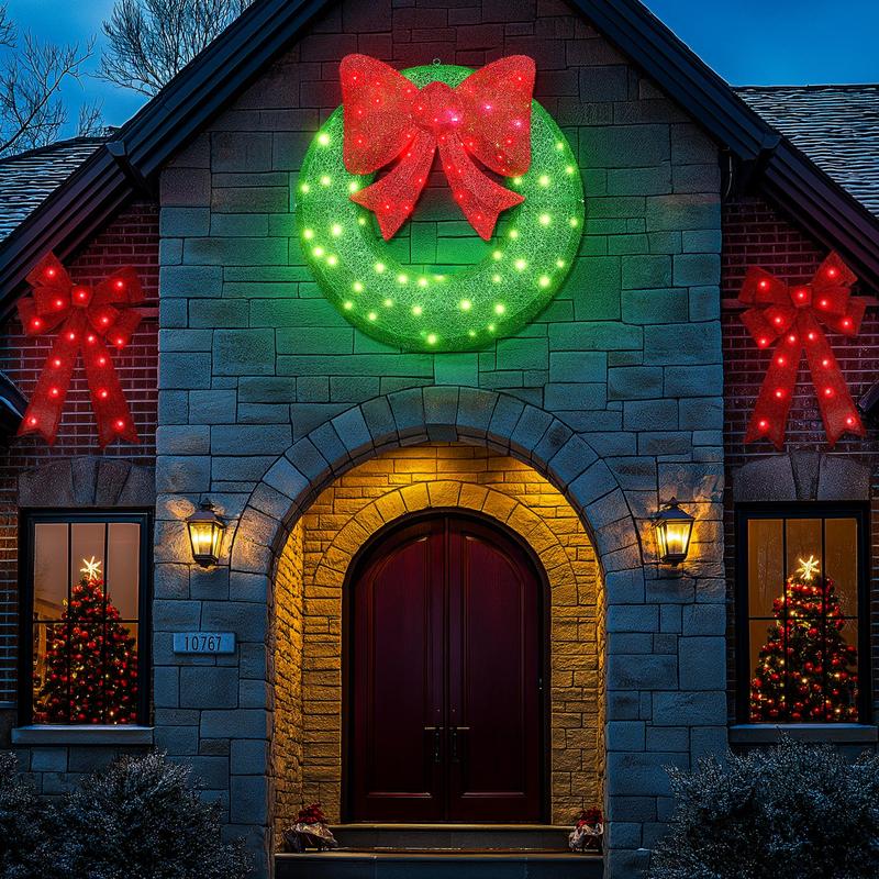 Tantohom Lighted Outdoor Christmas Wreath Decoration with 2 Bow, Bow Holiday Decor Wreath, Christmas Wreath with 90 LED Lights & Large Red Bow, Holiday Decor for Home