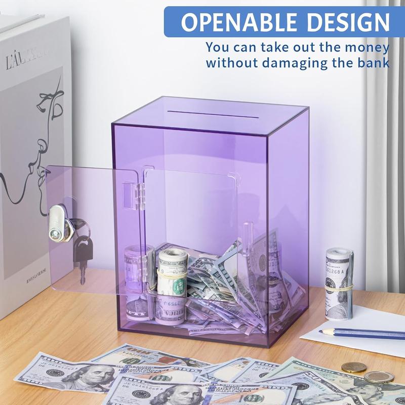 Clear Piggy Bank for Adults , Large Acrylic Piggy Bank Money Saving Box for  Saving with Key, Openable Clear Acrylic Savings Jar for Real Money (Purple)