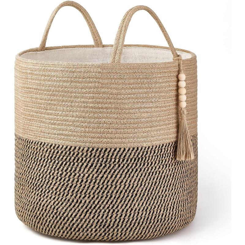 Woven Storage Basket Decorative Rope Basket Wooden Bead Decoration Plant Organizer Bin with Decor