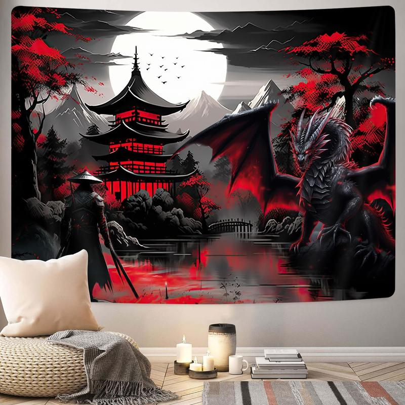 Anime Samurai Tapestry, Cool Red and Black Medieval Fantasy Dragon Tapestry Wall Hanging for Men, Mountain Forest Nature Sunset Dark Asia Japanese Tapestries Aesthetic for Living Room College