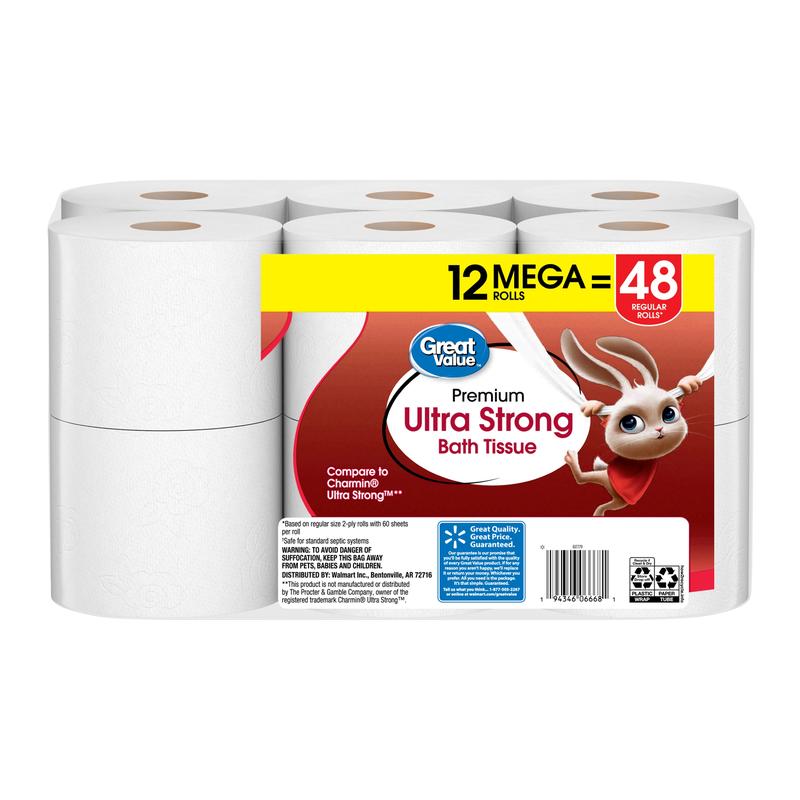 Great Value Ultra Strong 2-Ply Toilet Paper, 12 Mega Rolls - Pack of 12 Rolls - 2-Ply Toilet Paper - Wipes