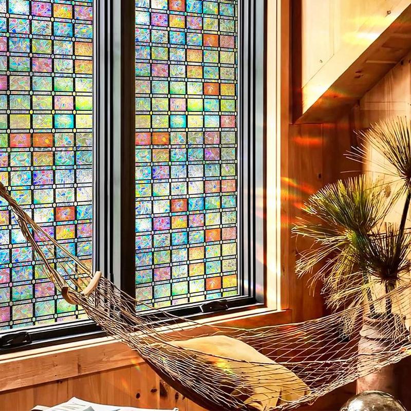 Colorful Rectangle Rhombus Pattern Privacy Window Film, 1 Roll Removable Window Sticker, Decorative Static Cling Glass Film for Home Decor