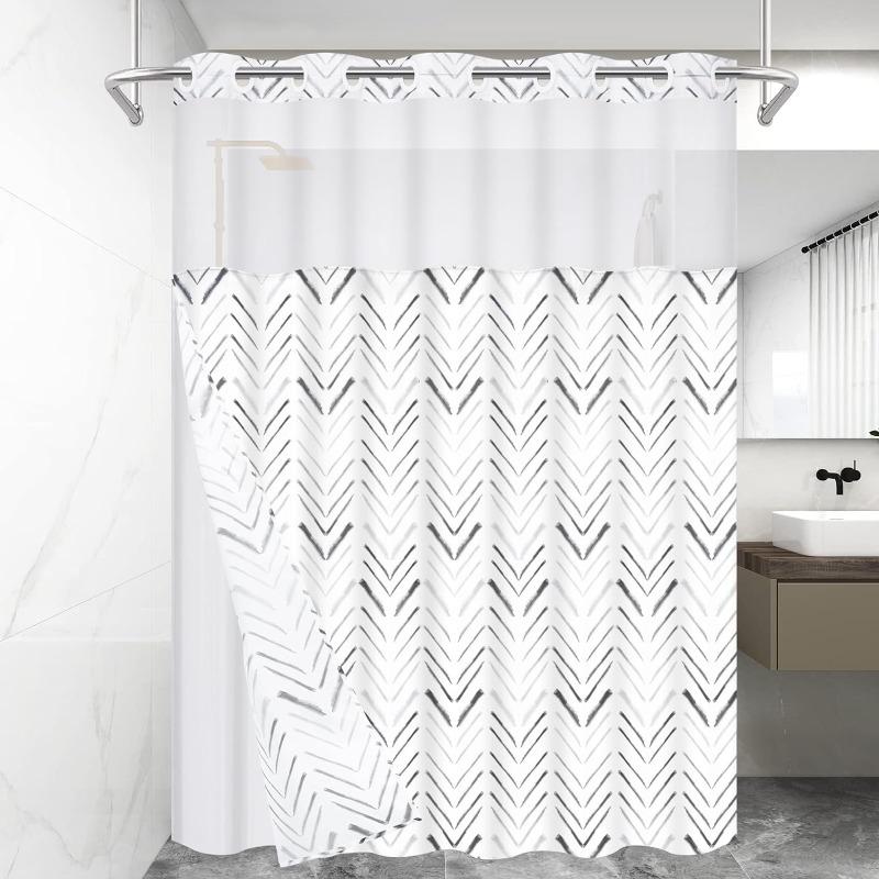 Alishomtll No Hook Shower Curtain with Snap in Liner , Herringbone Hotel Shower Curtain and Liner Set, Modern Shower Curtain Set with Liner, Double Layer, Washable