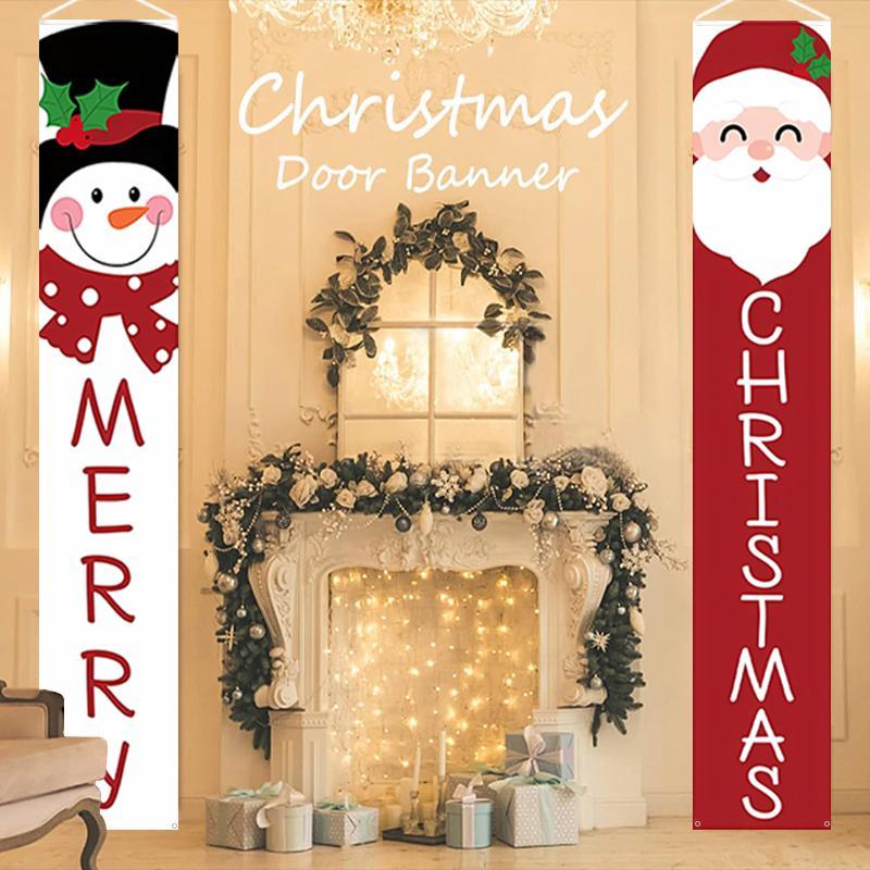 Merry Christmas Porch Hanging Banner, 1 Pair Cute Santa Claus & Snowman Door Banner, Exquisite Outdoor & Indoor Decoration for Front Porch, Patio, Garage