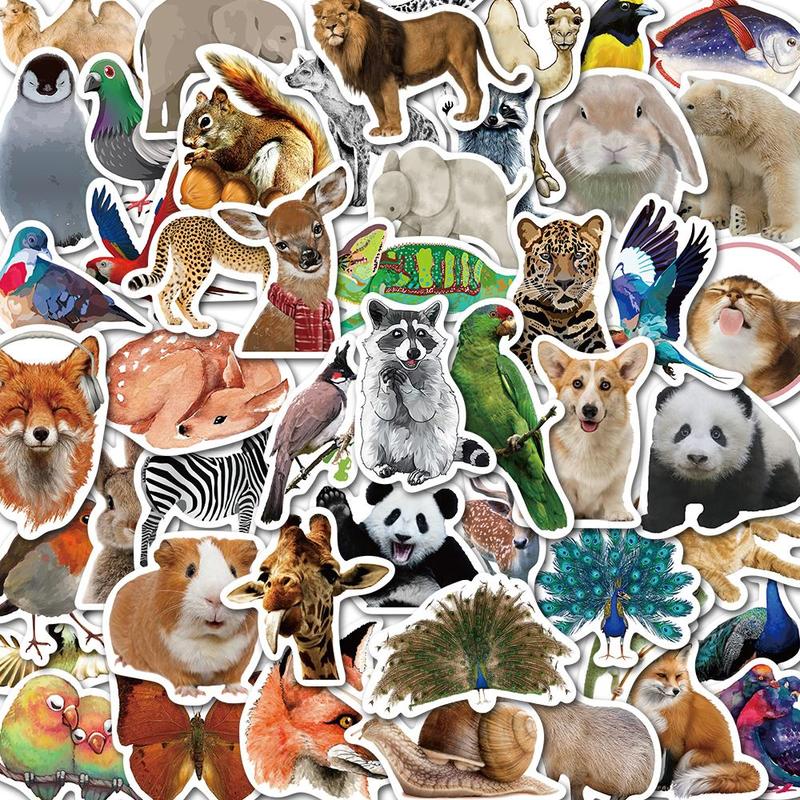 Animal World Pattern Sticker, 50pcs set Cute Cartoon Animal Decorative Sticker, DIY Decals for Water Bottle, Phone Case, Scrapbooking, Journal Making