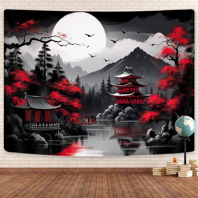 Anime Samurai Tapestry, Cool Red and Black Medieval Fantasy Dragon Tapestry Wall Hanging for Men, Mountain Forest Nature Sunset Dark Asia Japanese Tapestries Aesthetic for Living Room College