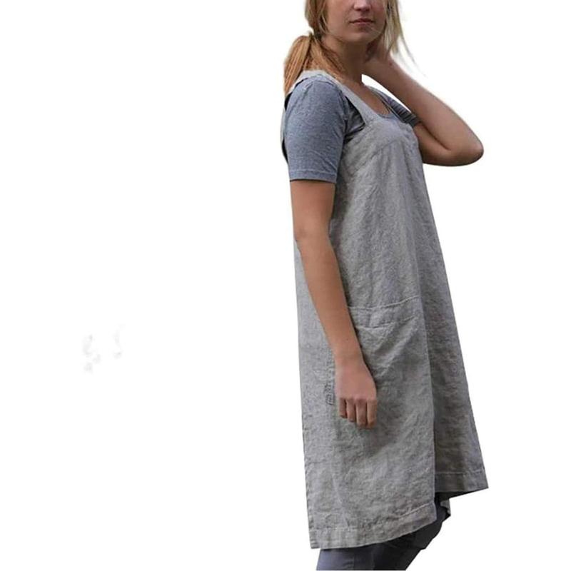 Cotton Linen Apron for women Cross Back Apron Pinafore Dress for Baking Cooking Gardening Work