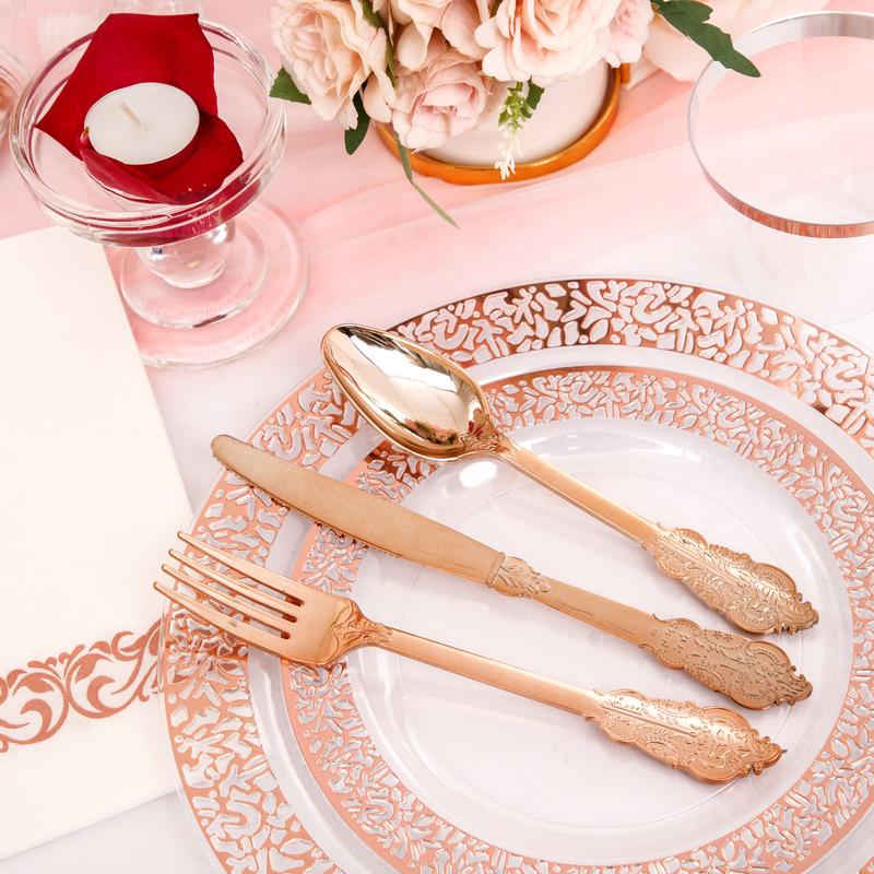 350 Pack Clear Rose Gold Plastic Plates,Disposable Plastic Dinnerware Includes: 100 Plates,150 Silverware, 50 Napkins,50 Cups for Party & Christmas