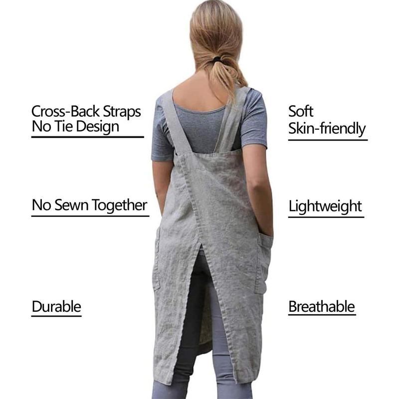 Cotton Linen Apron for women Cross Back Apron Pinafore Dress for Baking Cooking Gardening Work