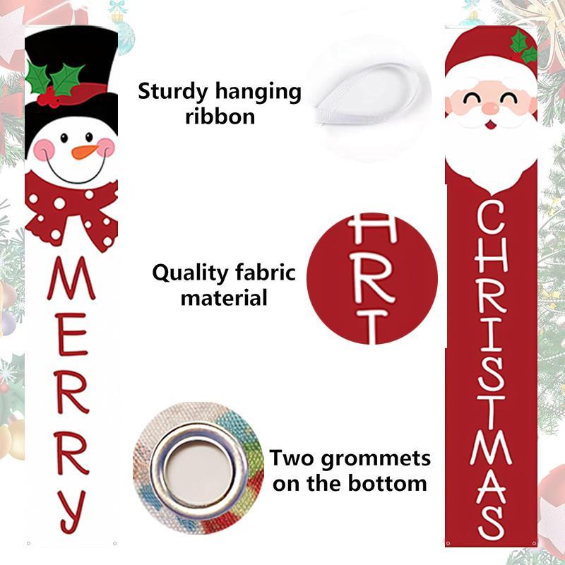 Merry Christmas Porch Hanging Banner, 1 Pair Cute Santa Claus & Snowman Door Banner, Exquisite Outdoor & Indoor Decoration for Front Porch, Patio, Garage