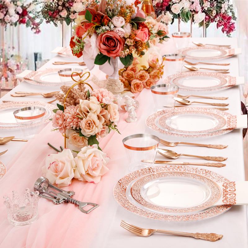 350 Pack Clear Rose Gold Plastic Plates,Disposable Plastic Dinnerware Includes: 100 Plates,150 Silverware, 50 Napkins,50 Cups for Party & Christmas