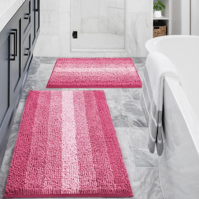 Pink Bathroom Rug Set 2 Piece, Chenille Non Slip Bath Mat Set, Absorbent Shower Rug and Bath Room Floor Mats, Quick Dry Bathmat Bathroom Decor Accessories for Tub, 16