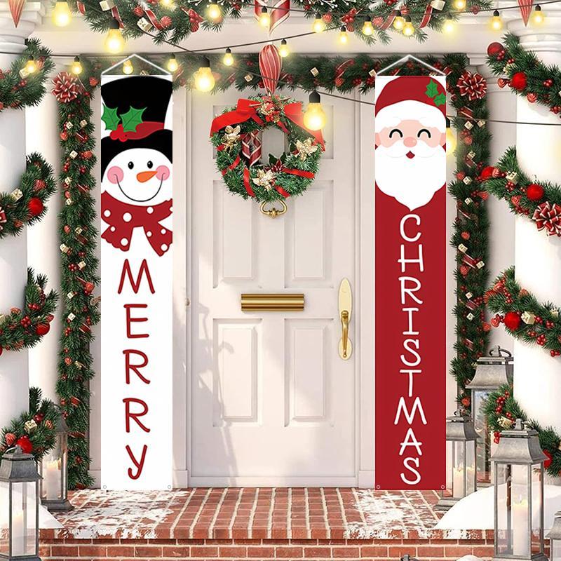 Merry Christmas Porch Hanging Banner, 1 Pair Cute Santa Claus & Snowman Door Banner, Exquisite Outdoor & Indoor Decoration for Front Porch, Patio, Garage