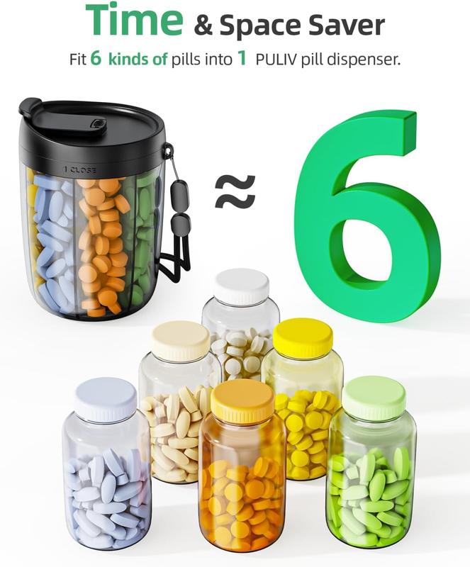 Christmas Sale !!! Large Supplement Organizer Bottle, Holds Plenty of 6 Various Vitamins in 1 Pill Dispenser with Anti-Mixing & Wide Openings Design, Easy to Retrieve Meds, Includes 20 Pcs Stick-on Labels, Black Healthcare Aid Vitamins