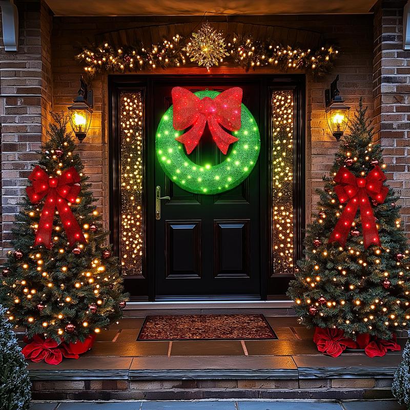 Tantohom Lighted Outdoor Christmas Wreath Decoration with 2 Bow, Bow Holiday Decor Wreath, Christmas Wreath with 90 LED Lights & Large Red Bow, Holiday Decor for Home