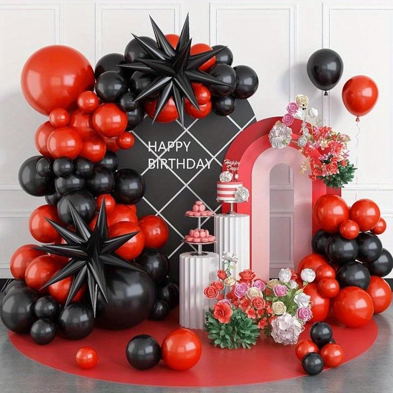 Black & Red Themed Balloon Arch Kit, 98pcs set Mixed Color Latex Balloon, DIY Birthday Party Decoration Balloons with Black Explosion Star, Festive & Party Supplies