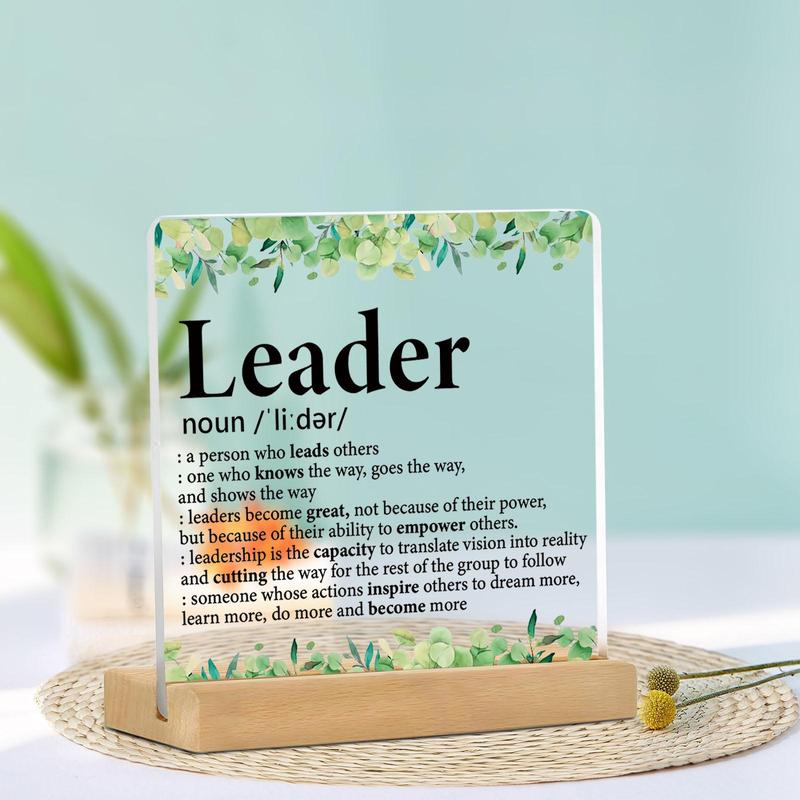 Letter & Leaf Pattern Acrylic Plaque, 1 Count Creative Gift for Leader, Office Desk Decorative Plaque, Home Decor Supplies