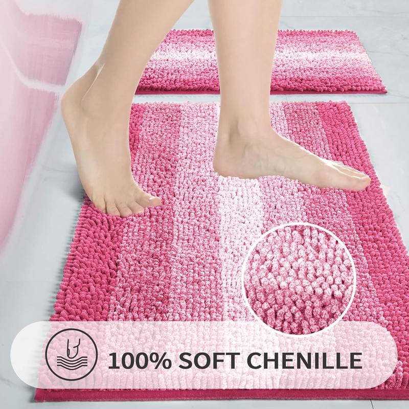 Pink Bathroom Rug Set 2 Piece, Chenille Non Slip Bath Mat Set, Absorbent Shower Rug and Bath Room Floor Mats, Quick Dry Bathmat Bathroom Decor Accessories for Tub, 16