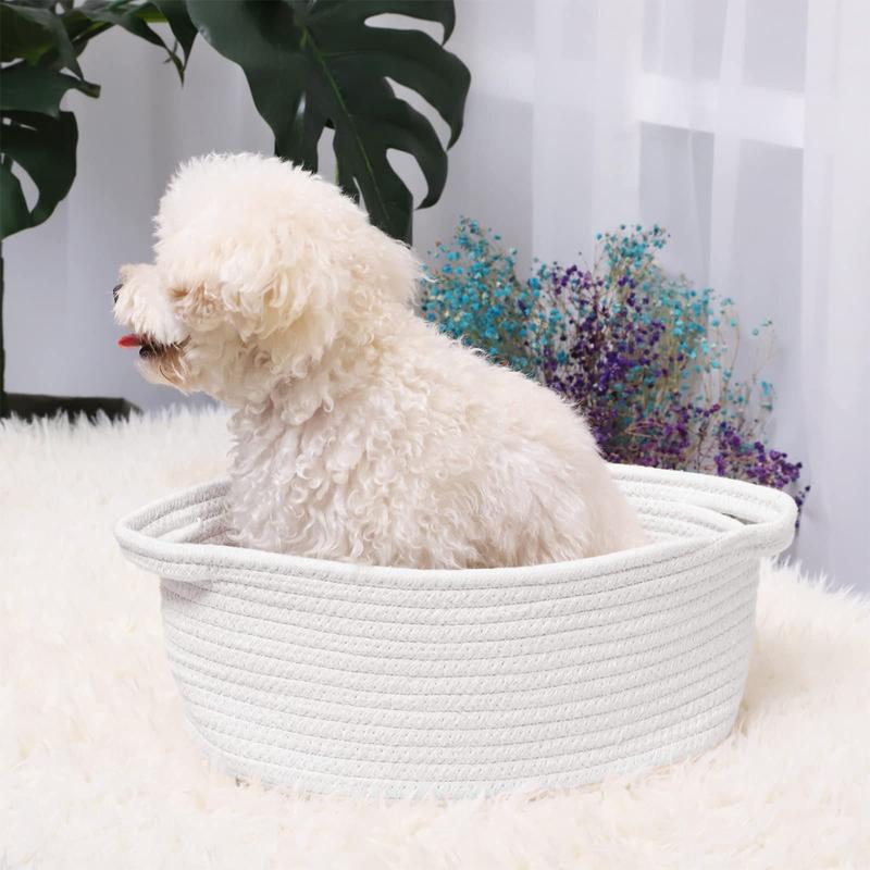 Cute Small Woven Basket with Handles,  Household Desktop Baskets for Storage, Multifunctional Small Space Organizer, Basket Bin for Cat and Dog Toys, Decorative Gift, White