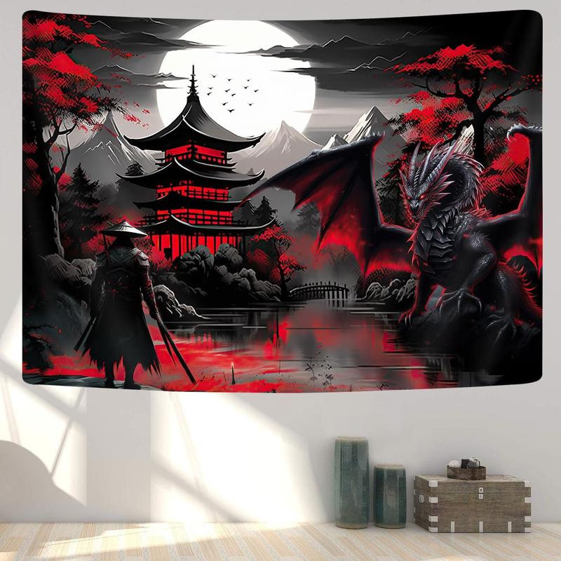 Anime Samurai Tapestry, Cool Red and Black Medieval Fantasy Dragon Tapestry Wall Hanging for Men, Mountain Forest Nature Sunset Dark Asia Japanese Tapestries Aesthetic for Living Room College