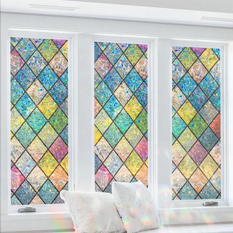 Colorful Rectangle Rhombus Pattern Privacy Window Film, 1 Roll Removable Window Sticker, Decorative Static Cling Glass Film for Home Decor