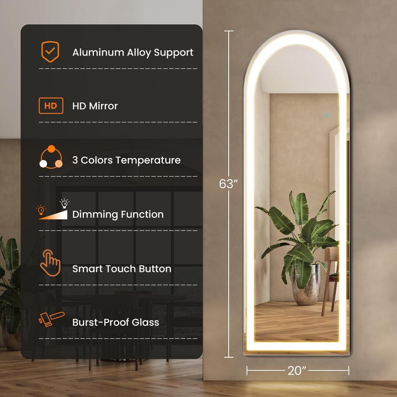 Mirror Full Length Standing Mirror with LED Lights, Lighted Floor Mirror, Dimming & 3 Color Lighting Aluminum Alloy Thin Frame Decor with Switch