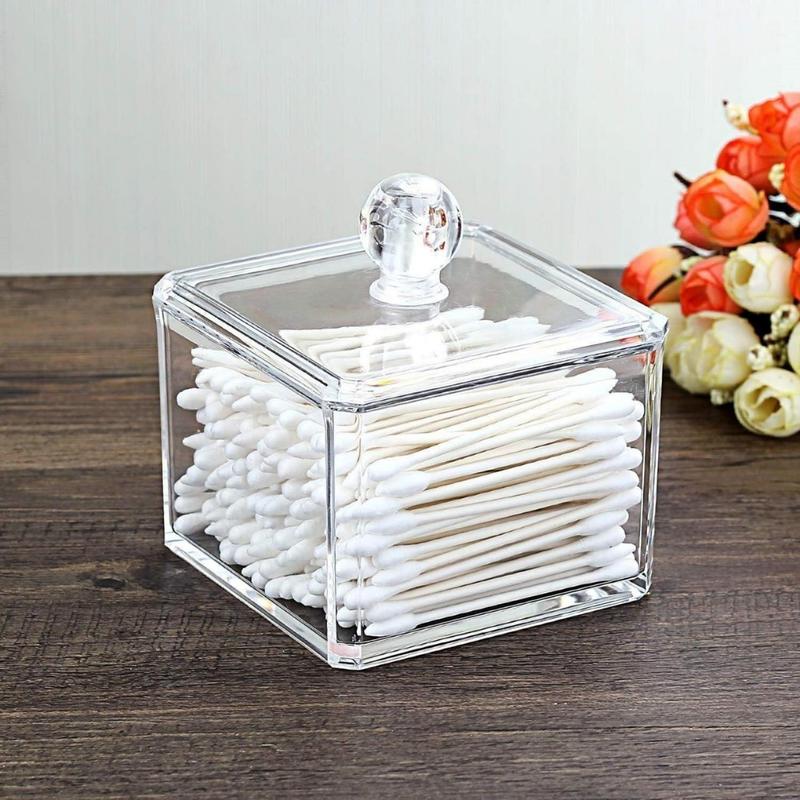 Square Acrylic Cotton Ball Holder Q-tip Holder Bathroom Swab Dispenser(Creative Life Pavilion) Bottles Organiser Tin Canister