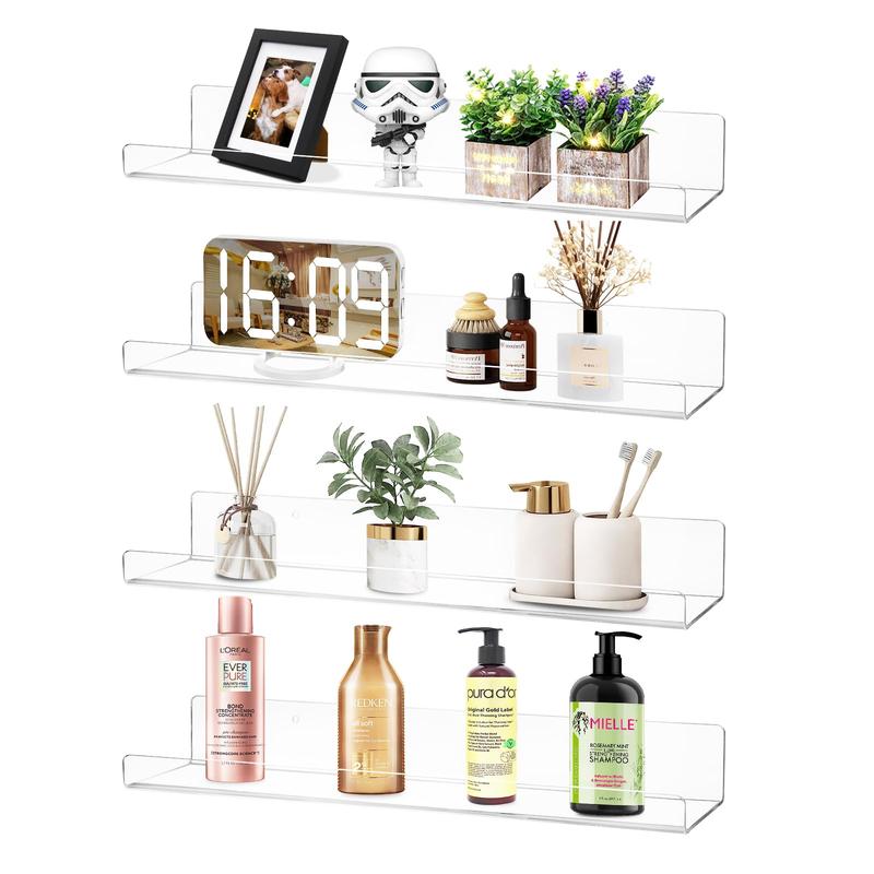 4 Pack Wall Acrylic Shelf, 15 Inch Clear Acrylic Floating Shelf for Bathroom Bedroom, Invisible Bookshelf Wall Shelf Storage Rack Books Perfume Toy Action Figure Display Stand