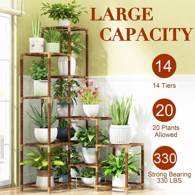 Plant Stand Organiser Indoor Outdoor, 14 Tier Large Corner Lightweight Plant Stand Tall Plant Shelf Rack Flower Stand For Multiple Plants, Wood Plant Holder Ladder Table Display For Patio Garden Balcony Window Easy Installation