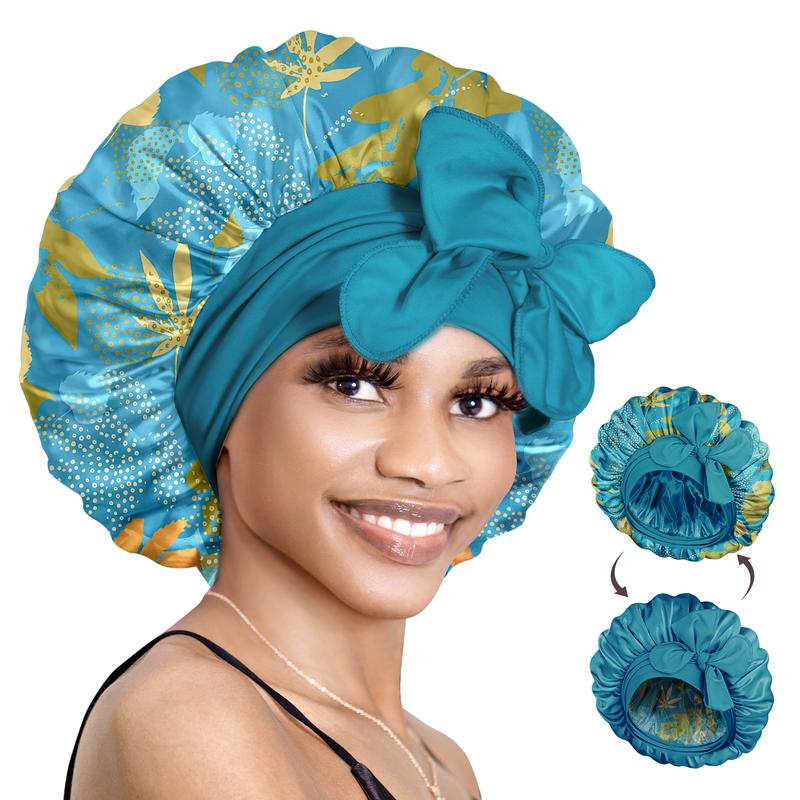 Bonnet Queen 4PCS Silky Bonnet for Sleeping, Hair Wrap Satin Bonnets Shower Cap for Black Women, Elastic Wide Band Hair Bonnet Cap Curly Hair With Tie