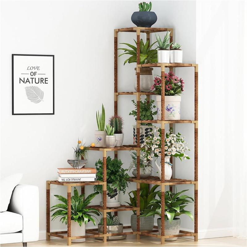 Plant Stand Organiser Indoor Outdoor, 14 Tier Large Corner Lightweight Plant Stand Tall Plant Shelf Rack Flower Stand For Multiple Plants, Wood Plant Holder Ladder Table Display For Patio Garden Balcony Window Easy Installation