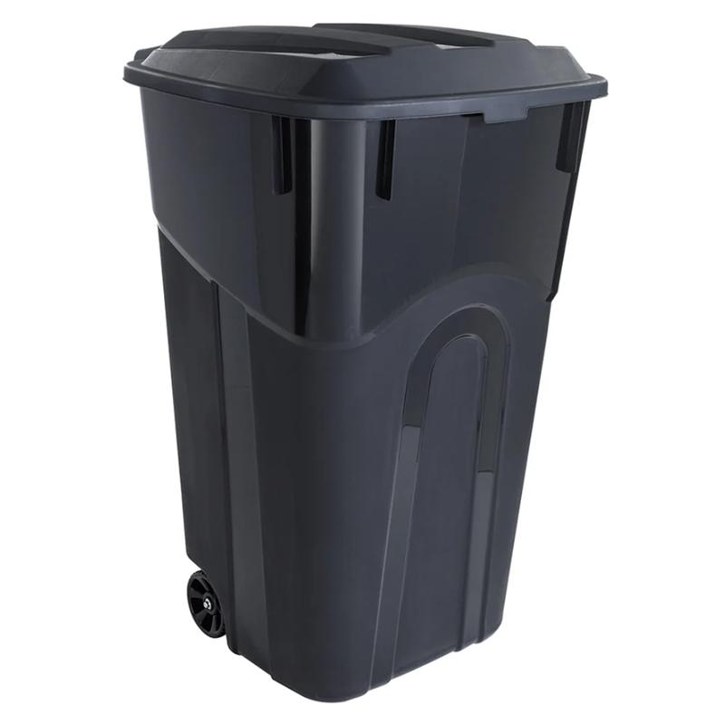 32 Gallon Wheeled Heavy Duty Plastic Garbage Can, Attached Lid, Black