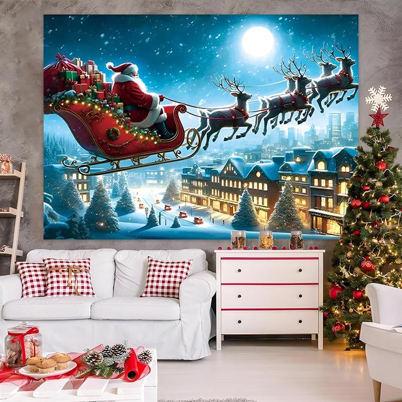 Christmas Themed Backdrop, 1 Count Santa Claus & Reindeer Pattern Hanging Banner, Festive Party Decoration Supplies for Home Living Room Bedroom