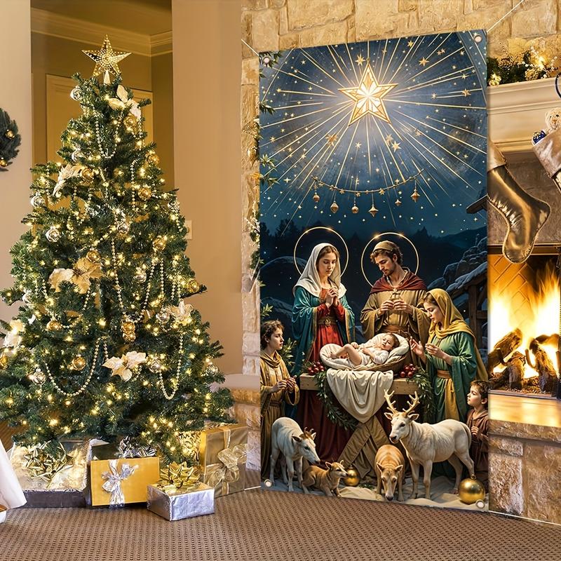 1 piece Vibrant Polyester Nativity Scene Door Banner - Durable, Bright Colors, Good Effect, Indoor Outdoor Hanging Decoration for Christmas and New Year Photography Props - 35.4*70.8 inches