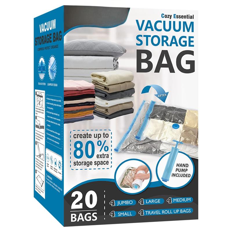 20 Vacuum Storage Space Saver Bags (4 Extra Large 4 Large 4 Medium 4 Small 4 Rolls) for Compressing Quilts and Blankets Includes Hand Pump Reusable Waterproof Space Saver Blanket Storage Organizer, Back to School Room Accessories, Bedroom Organizer